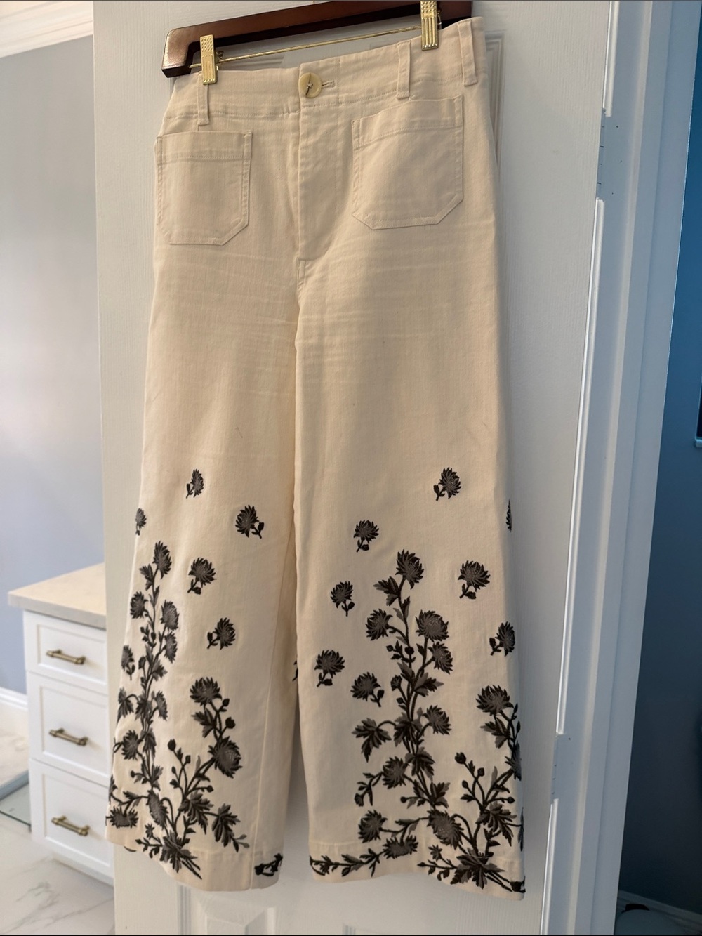 Maeve Cream Wide-Leg Skirt with Black Floral Embroidery